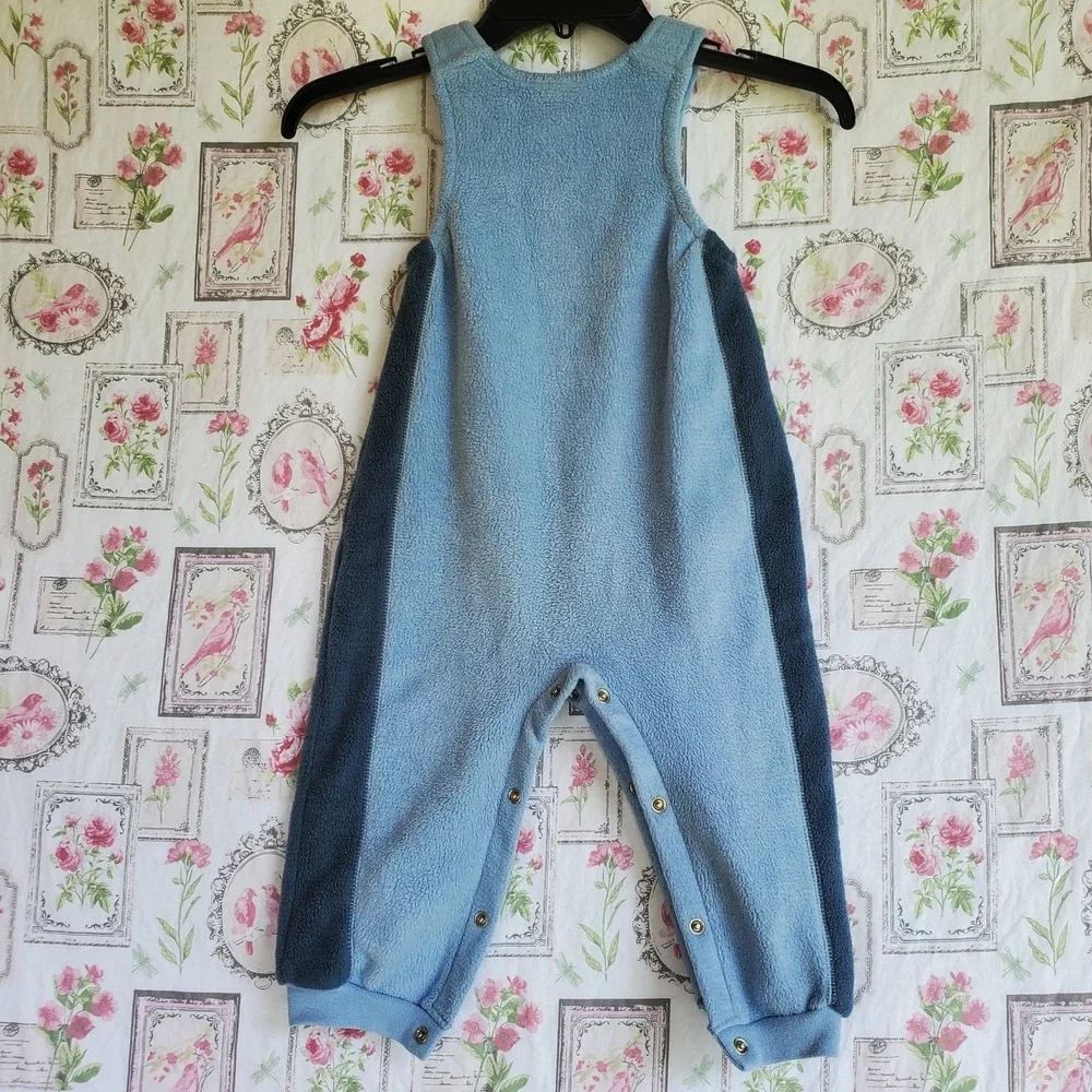 Vtg Baby B'gosh Moose Fleece Overalls 24M‎ Blue Colorblock Romper OshKosh 90s